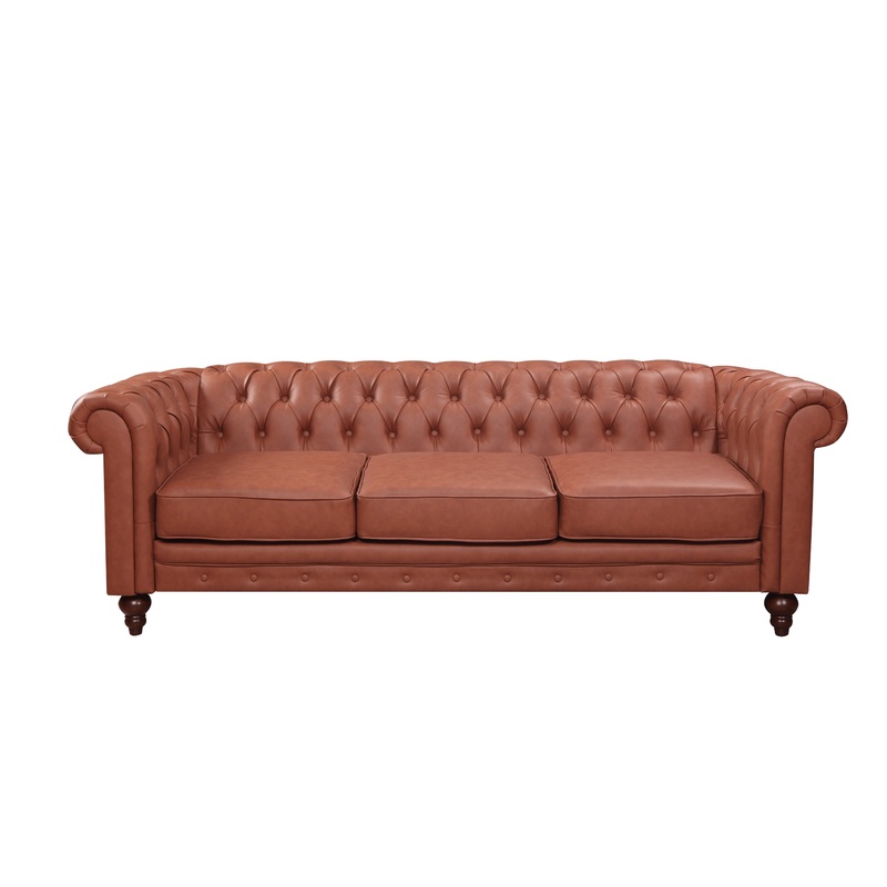 3 Seater Brown Sofa Lounge Button Tufted in Faux Leather