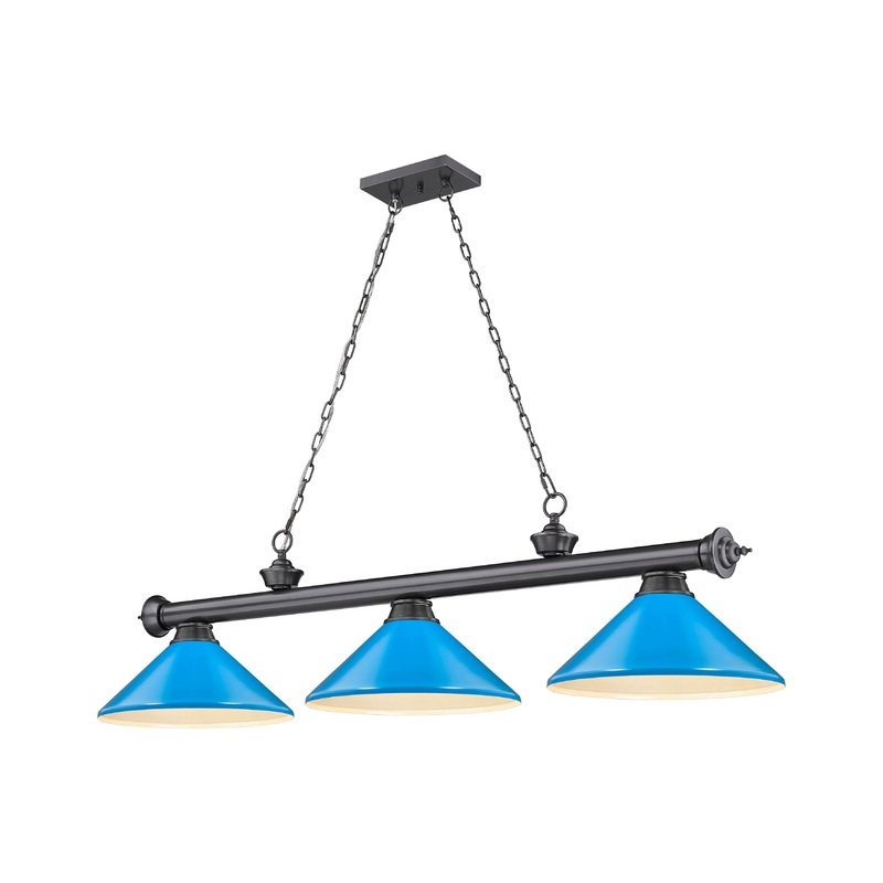 Cordon 3-Light Billiard Bronze Plate Cone Electric Blue Steel