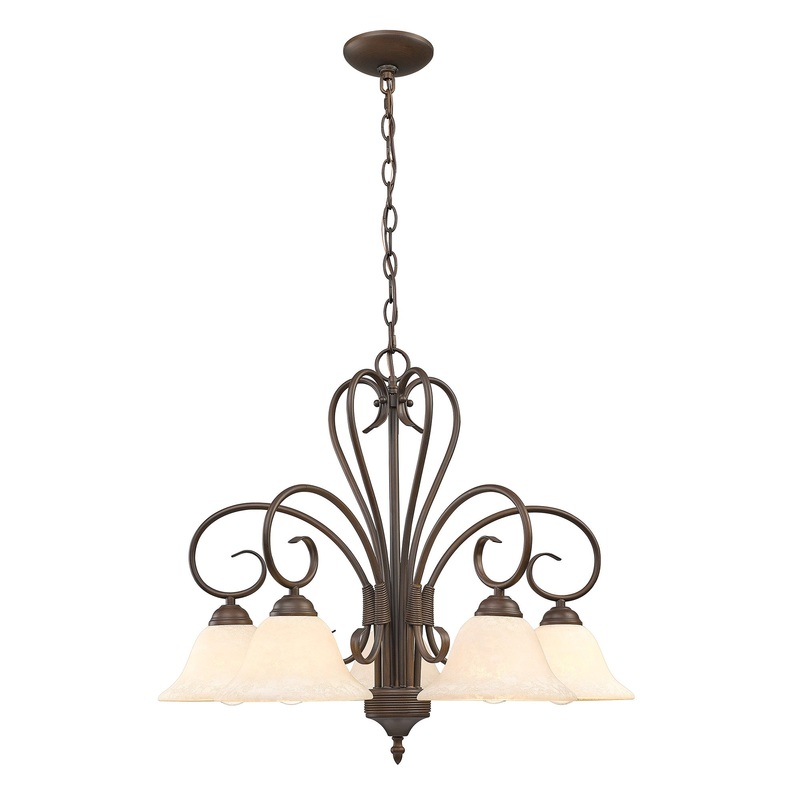 Homestead 5 Light Nook Chandelier in Rubbed Bronze with Tea Stone Glass