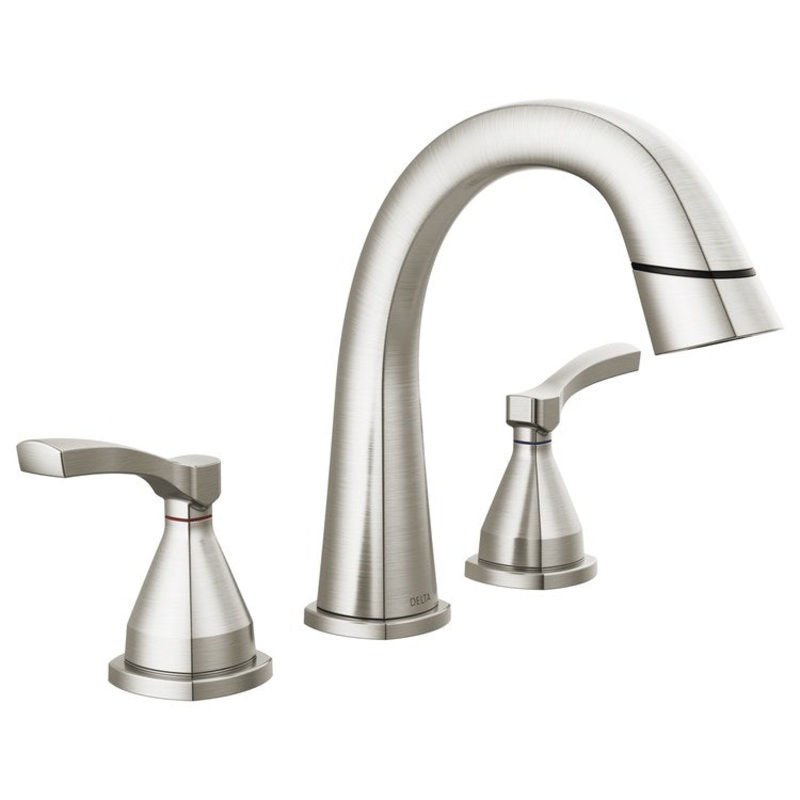 Lavatory Faucet Stryke Widespread 4-16 Inch Spread 2 Lever ADA WaterSense Lumicoat Stainless 1.2 Gallons per Minute Metal Pop-Up 3 Hole Diamond Seal Technology
