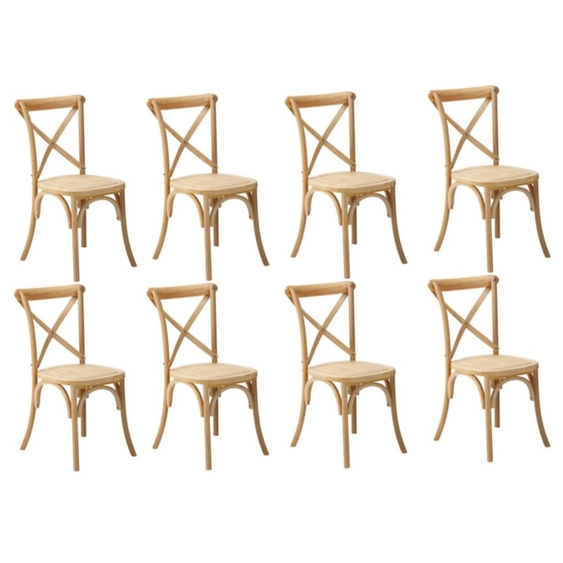 8PCS Crossback Dining Chair Solid Wood Ratan Seat Natural