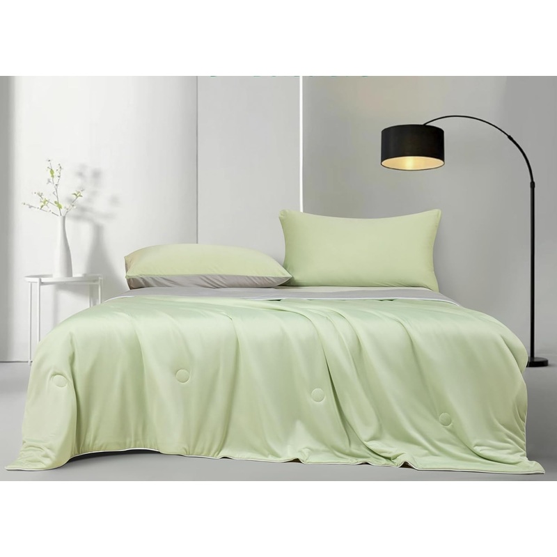 Ice Cooling Reversible Summer Comforter Blanket (Green and Grey, Single/Double)