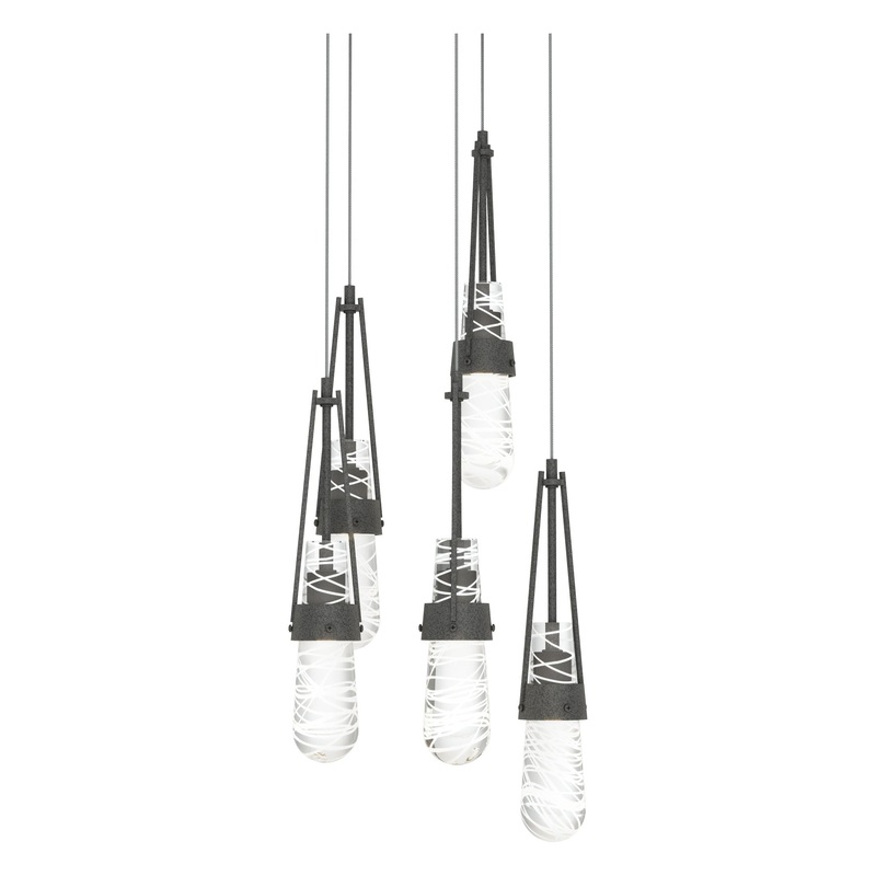 Link 5-Light Blown Glass Pendant Natural Iron Clear Glass with White Threading (YJ)