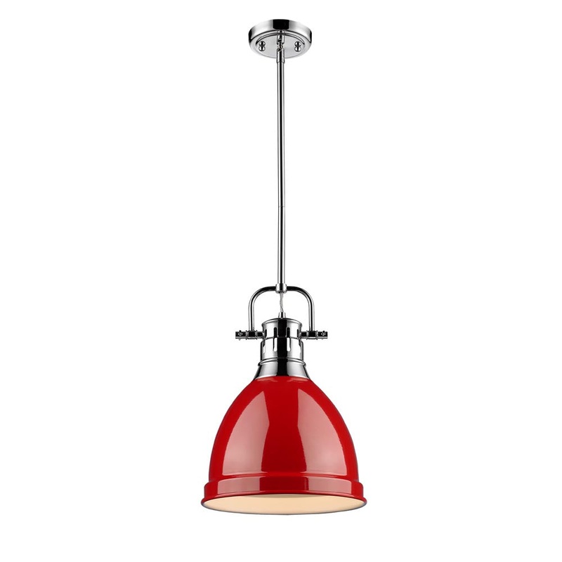 Duncan Small Pendant with Rod in Chrome with a Red Shade