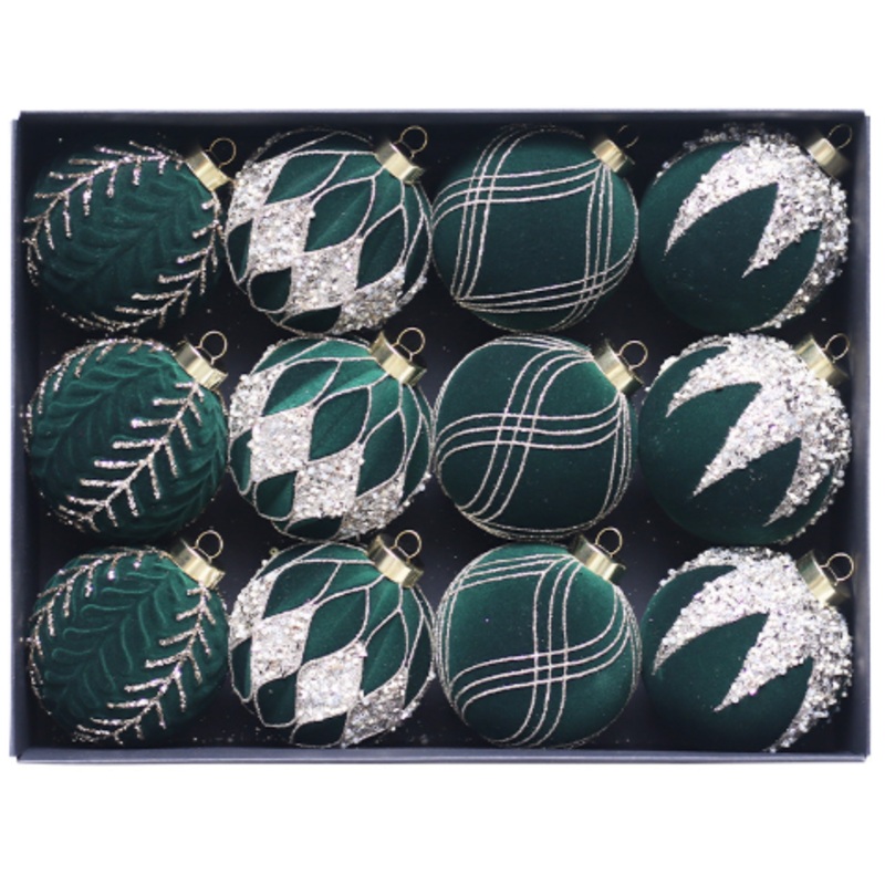 Green 12-Piece 8cm Christmas Bauble Set – Colorful Flocked Tree Ornaments