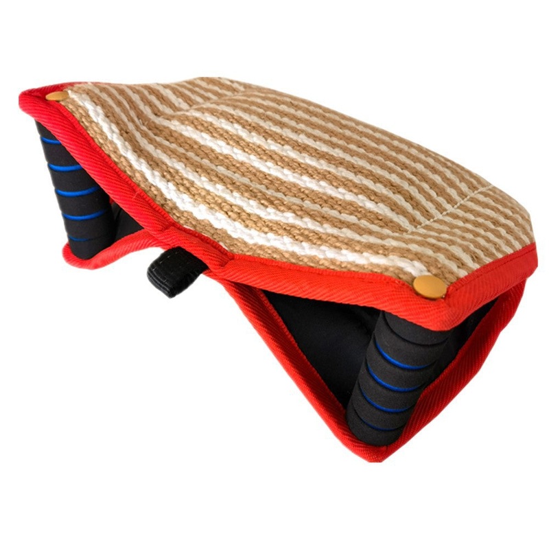Red and Khaki Heavy Duty Jute Dog Bite Pillow – Professional Training Tug Toy with 3 Handles for Schutzhund, K9, Agility & Bite Work