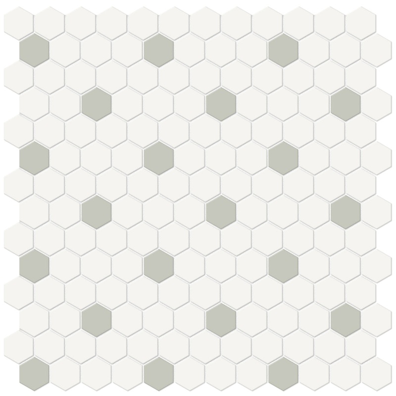 1 Inch Soho Matte Canvas White Hexagon Mosaic With Soft Sage Dots. Sheet = .93 Sq. Ft.