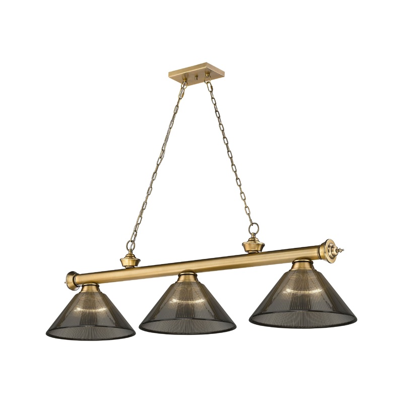 Cordon 3-Light Billiard Rubbed Brass Cone Smoke Acrylic