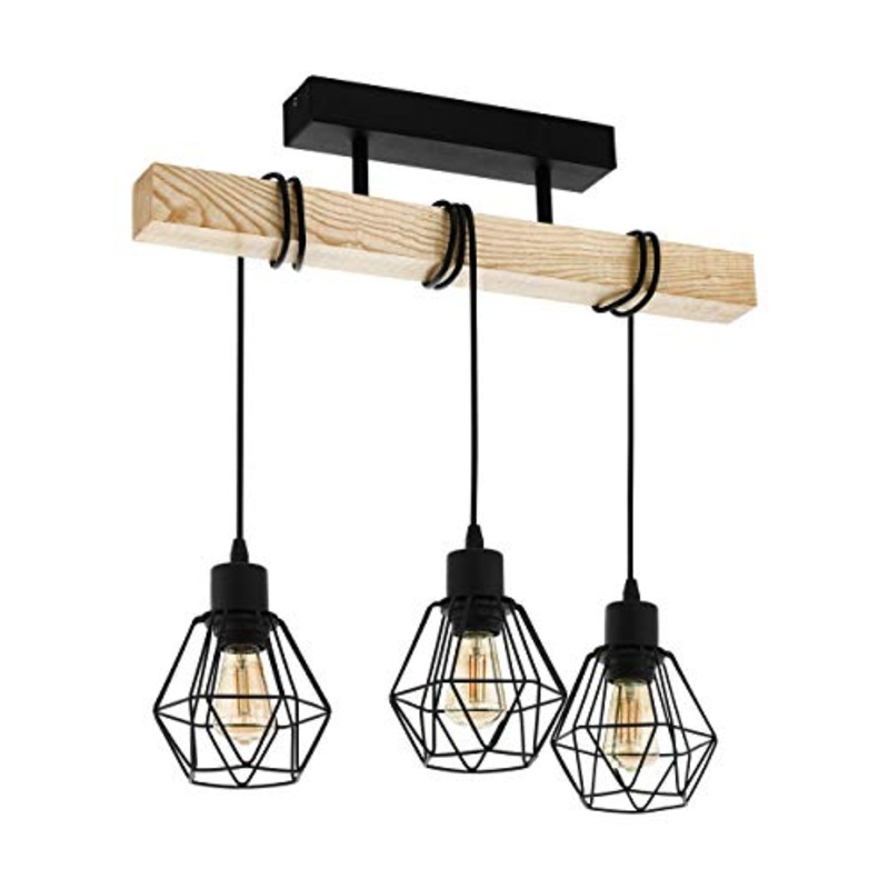 Lampada da soffitto EGLO TOWNSHEND 5, plafoniera vintage a 3 punti luce, plafoniera dal design industriale, lampada a sospensione retr in acciaio e legno, colore: nero, marrone, attacco: E27