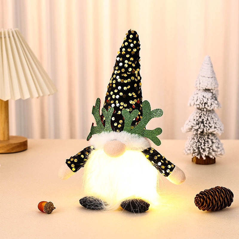 Light-Up Christmas Gnome Plush Doll with Sequin Hat & Antlers – Festive LED Tabletop Decoration(gold)