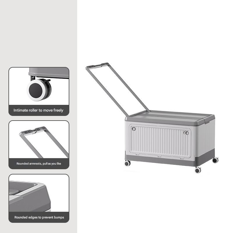 Size S Grey Collapsible Storage Box with Wheels and Telescopic Handle – Stackable Folding Crate for Car & Home