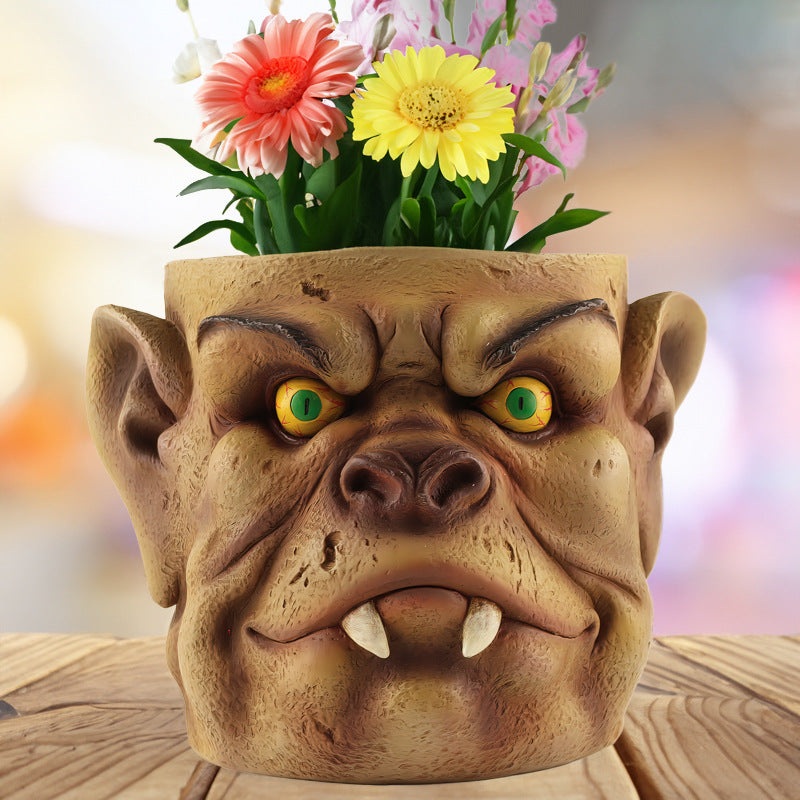 Brown Unique Goblin Head Planter Pot – Resin Monster Face for Succulents & Decor (Style 2)