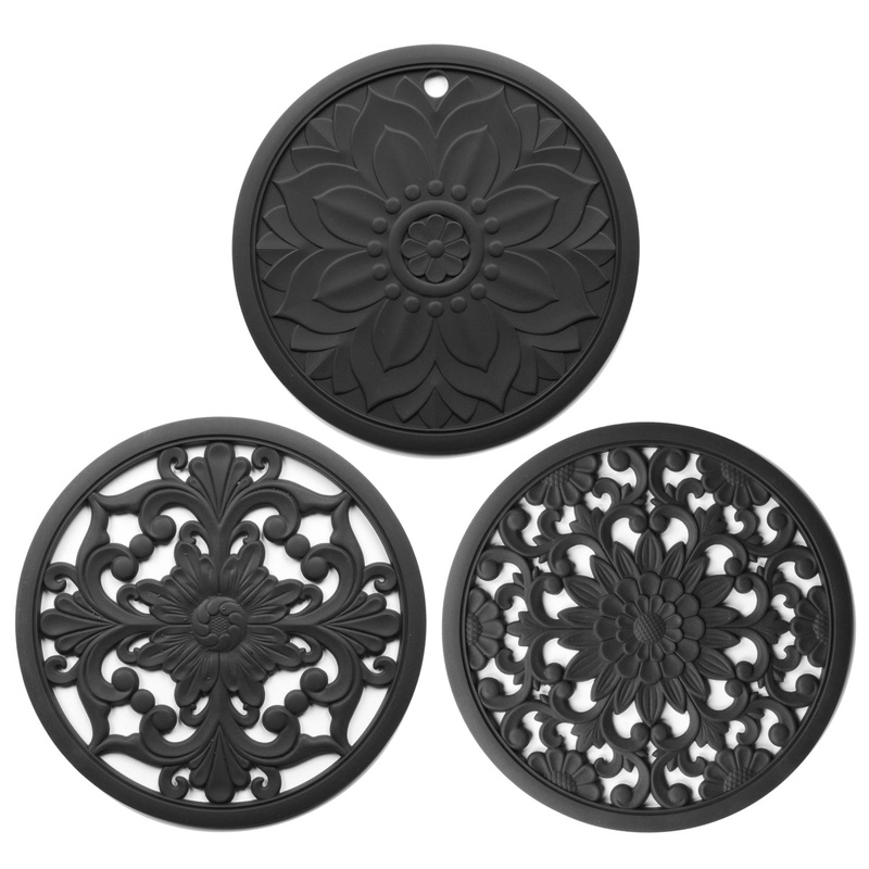 Elegant Floral Silicone Trivet Mat Set (3-Pack, Black) – Heat Resistant, Non-Slip Kitchen Hot Pads & Pot Holders