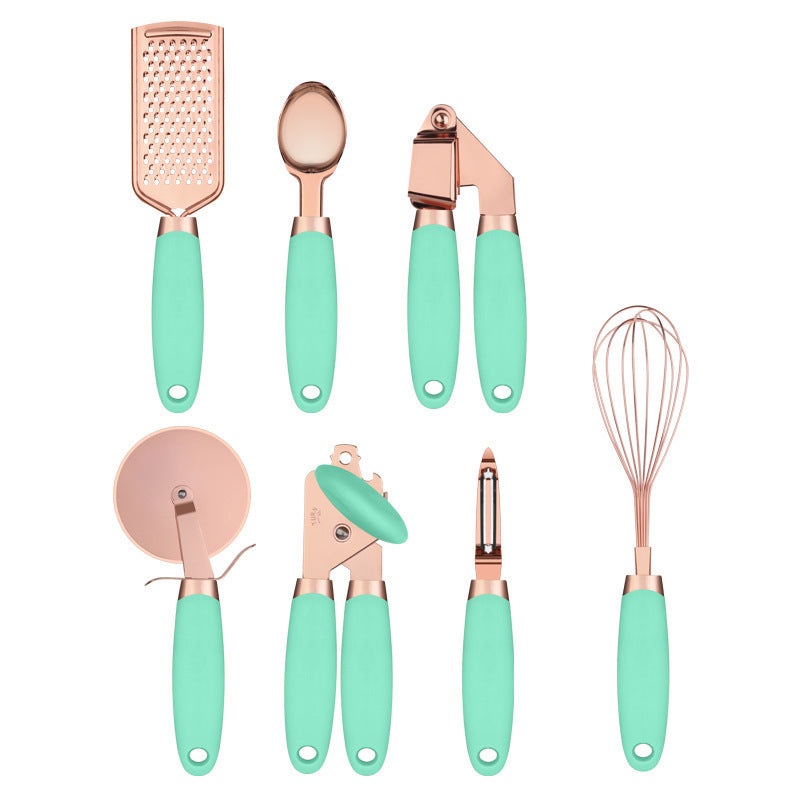 Green And Rose Gold 7-Piece Kitchen Gadget Set – Stainless Steel Utensils with Comfort Grip Handles