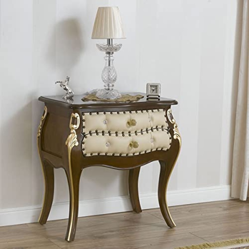Simone Guarracino Luxury Design Comodino bombato Brilliant Stile Barocco Inglese Noce e Foglia Oro Ecopelle Champagne Bottoni e pomelli Crystal SW