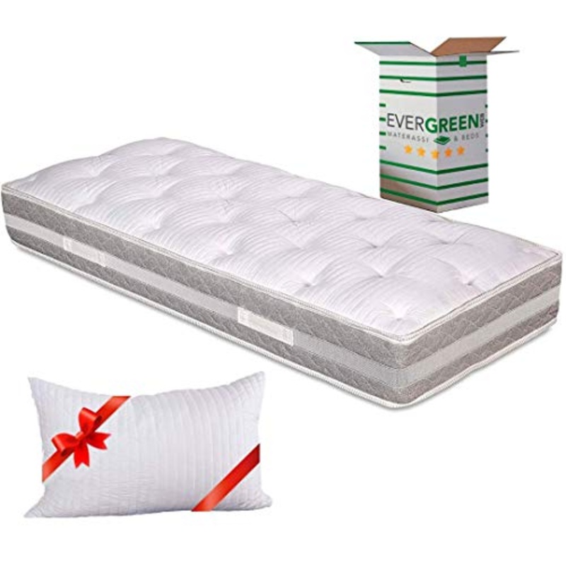 EVERGREENWEB – Materasso Singolo 80×190 alto 25cm con Topper in Memory Foam Med Sfoderabile + Cuscino Letto GRATIS, Lastra in Waterfoam Ortopedico a 7 Zone Differenziate doppio Lato Estivo e Invernale