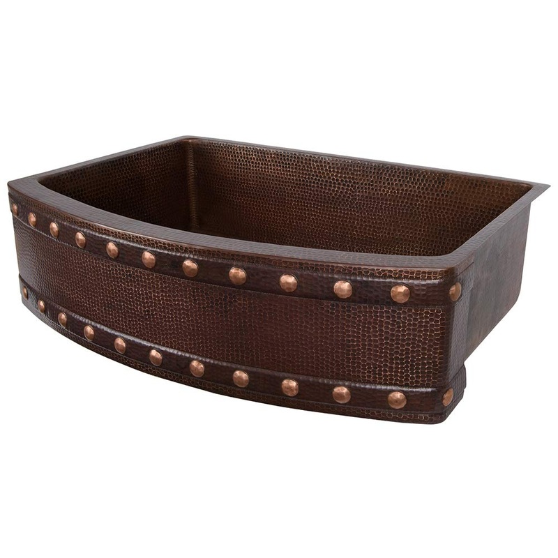 Premier Copper Products KASRDB30249BS 30-Inch Hammered Copper Kitchen Rounded Apron Single Basin Sink with Barrel Strap Design