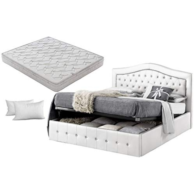 SARDAMATERASSI Letto matrimoniale con box contenitore bianco designe + materasso matrimoniale memory foam+coppia guanciali in fibra 3D
