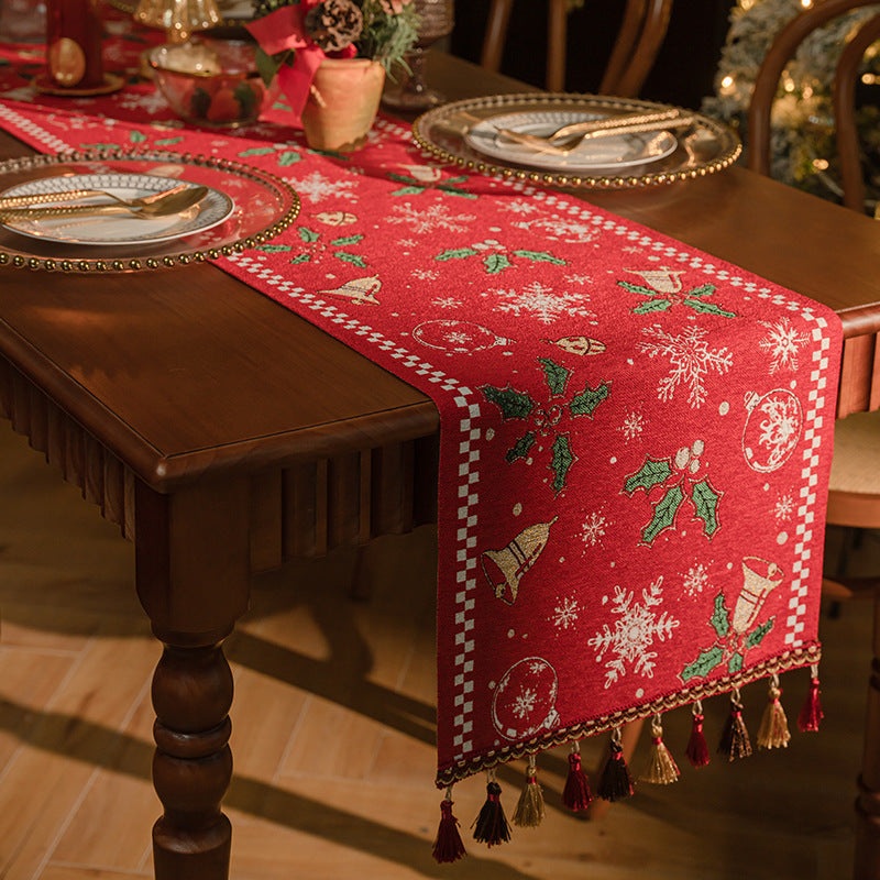Red Christmas Table Runner with Tassels – Festive Snowflake & Bell Print (35*240cm)