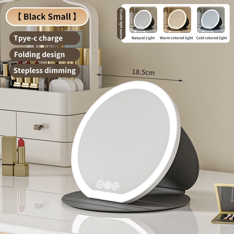 Black Small Round Foldable LED Makeup Mirror – 18.5cm Desktop Vanity with 3 Color Lights & Stepless Dimming