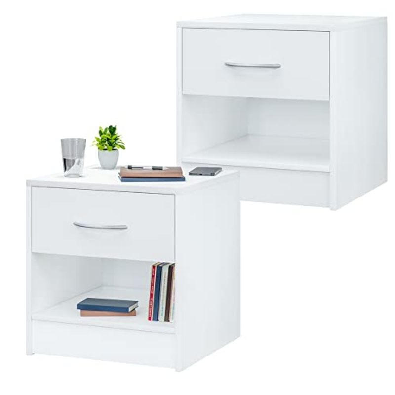 Casaria Set 2 Comodini Cassetto Ripiano d’ Appoggio 41x39x28 cm Legno Com Notte Camera Letto Bianco