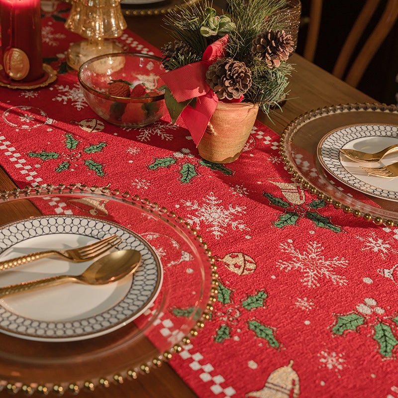 Red Christmas Table Runner with Tassels – Festive Snowflake & Bell Print (35*180cm)