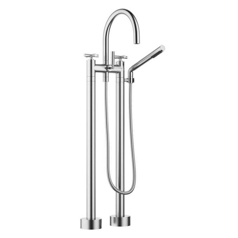 Tub Filler TARA Freestanding Mixer with Handshower 5-7/8 Inch Spread 3 Cross/Lever Brushed Chrome