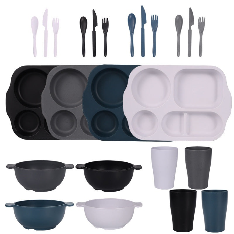 Black, Dark Grey, White, Dark Blue Durable Eco-Friendly Wheat Straw Dinnerware Set – 24 Pieces with Plates, Bowls, Cups & Cutlery