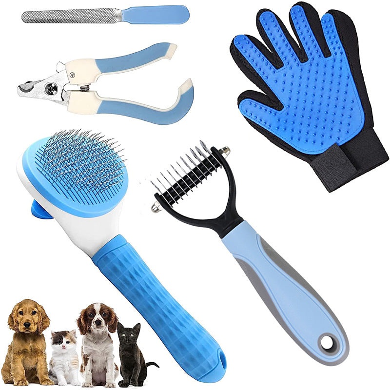 Blue 5-Piece Pet Grooming Kit – Cat & Dog Brushes, Nail Clippers & More