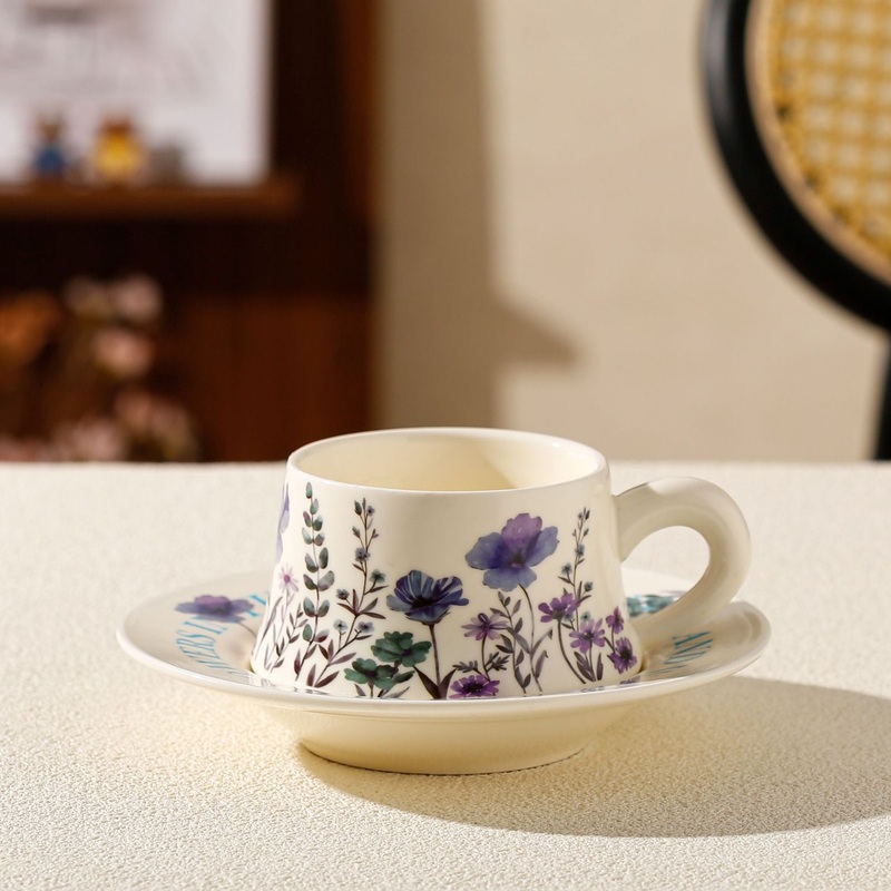 Vintage Floral Ceramic Coffee Cup & Saucer Set(White disc – purple flowers)