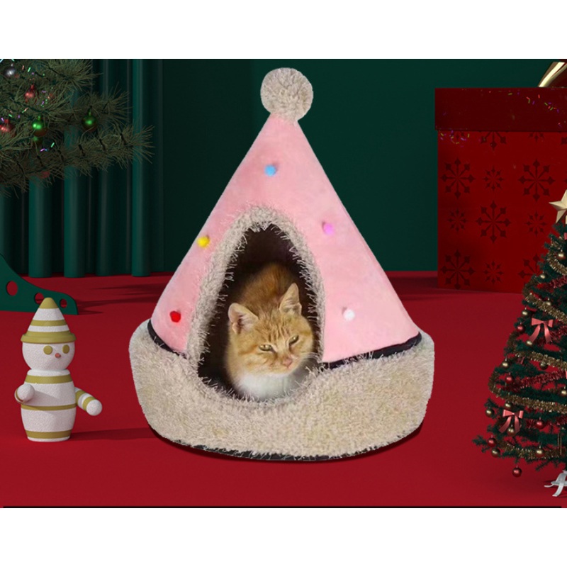 Festive Detachable Pet House – Cozy Pine Needle Wool Christmas Hat Design (S – 37x46cm)
