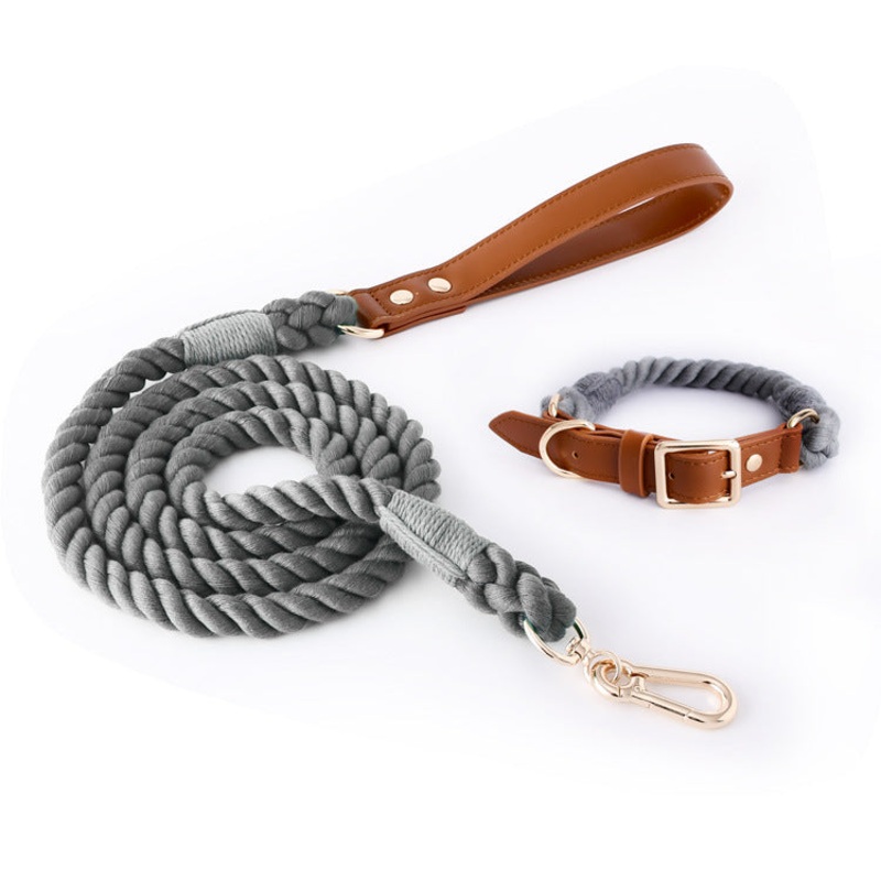 Premium Leather Pet Collar and Leash – Soft, Strong Braided Rope (Dark gray – Size S)