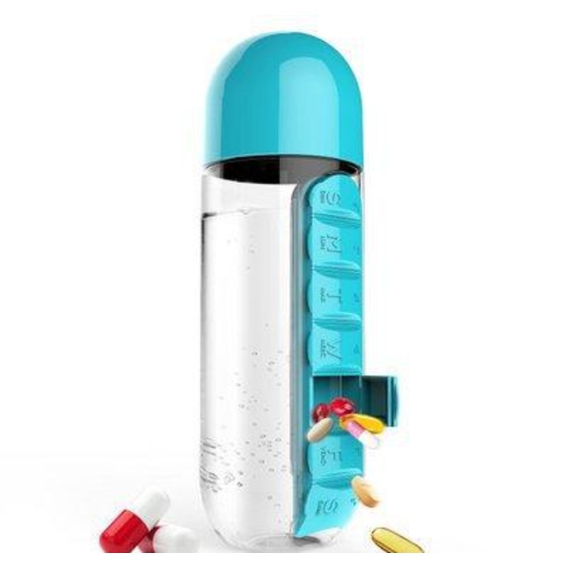 2pc 2-in-1 Water Bottle with 7-Day Pill Organizer – 600ml BPA-Free, Portable & Leakproof(Blue)