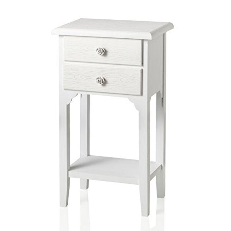 Baroni Home Comodino in stile shabby chic bianco con due cassetti e un ripiano, Comodino in legno mdf decorato con pomelli a rosa in resina. Dimensioni: 37x26x70 cm