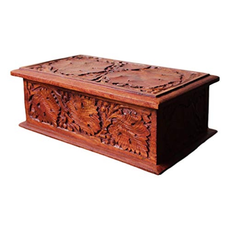 Grande Carved pattern di legno Treasure Chest Trinket
