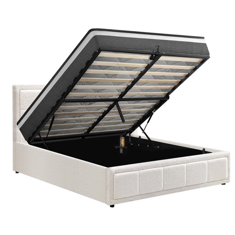 Oikiture Bed Frame With Mattress Set Double Size Gas Lift White BOSS