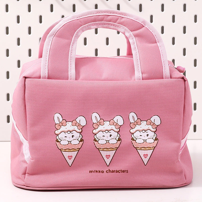 Pink Cute Cartoon Lunch Bag – Large Capacity Insulated Handbag for Students and Office Use