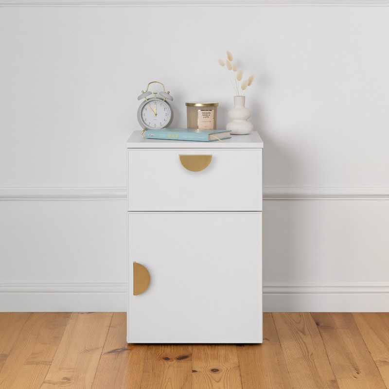 PORTO BEDSIDE TABLE – WHITE – SLIM – HALF MOON BRASS