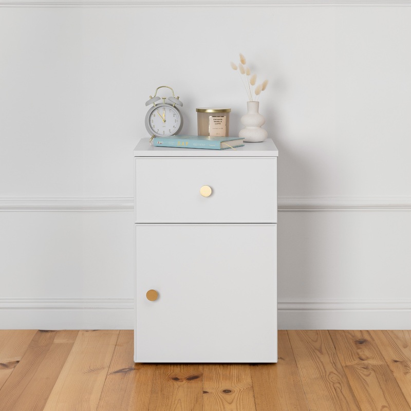 PORTO BEDSIDE TABLE – WHITE – SLIM – ROUND BRASS
