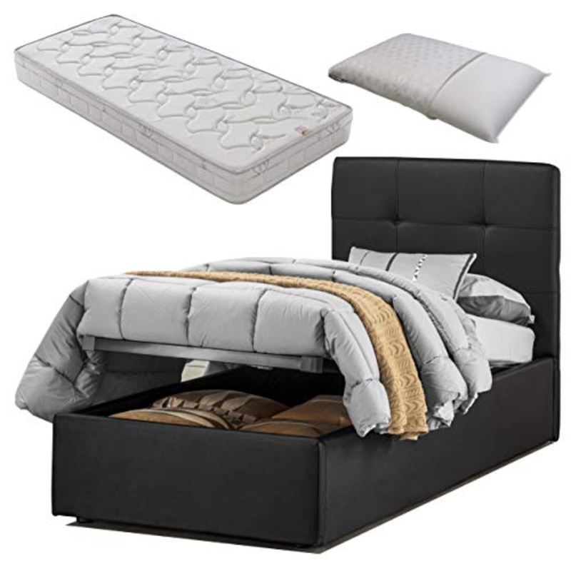 SARDAMATERASSI Letto singolo con box contenitore similpelle nero dark elegante e moderno + materasso memory altezza 20 cm + guanciale omaggio