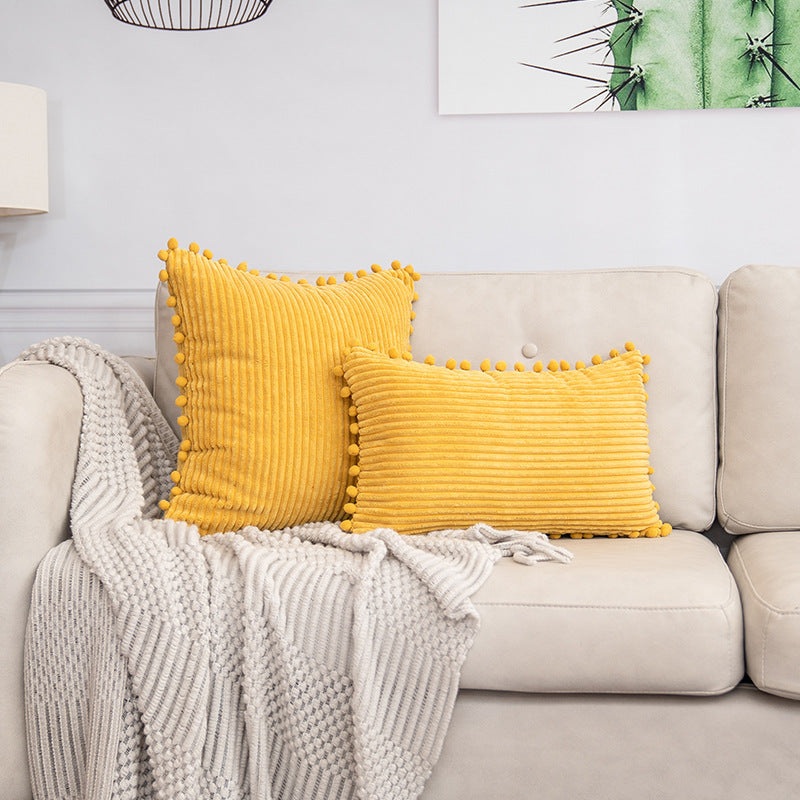 Yellow Soft Corduroy Cushion Cover Set (1 Square + 1 Rectangular) with Pom Pom Trim – Decorative Throw Pillow Cases for Sofa Couch