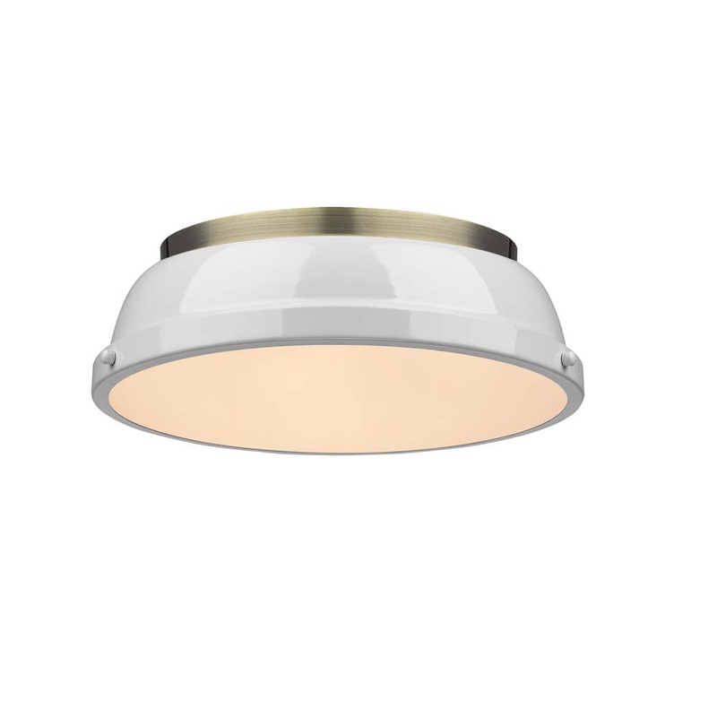 Duncan 14″ Flush Mount in Aged Brass with a White Shade