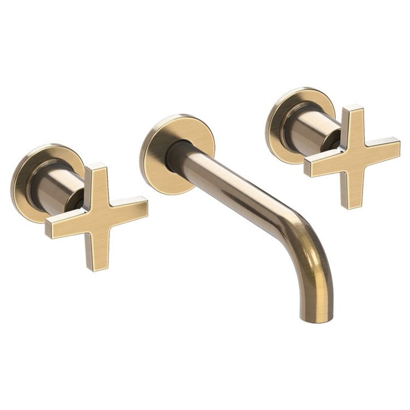 Lavatory Faucet Dorrance Wall Mount 8 Inch Spread 2 Cross ADA Watersense Antique Brass 1.2 Gallons Per Minute Brass Less Drain Spout Reach 7-1/9 Inch