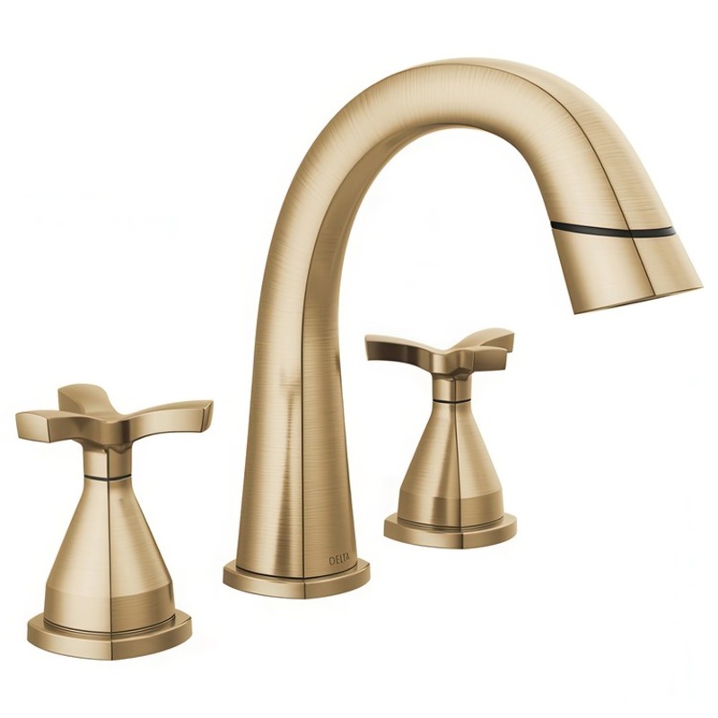 Lavatory Faucet Stryke Widespread 8-16 Inch Spread 2 Lever ADA WaterSense Lumicoat Champagne Bronze Pull Down 1.2 Gallons per Minute
