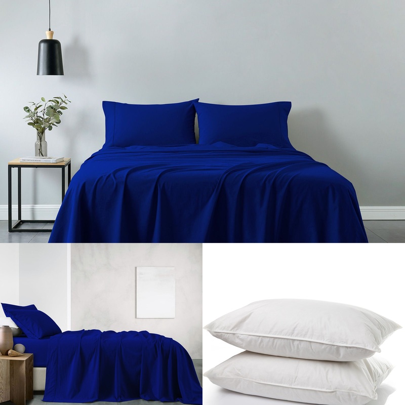Royal Comfort 100% Cotton Vintage Sheet Set And 2 Duck Feather Down Pillows Set – Single – Royal Blue