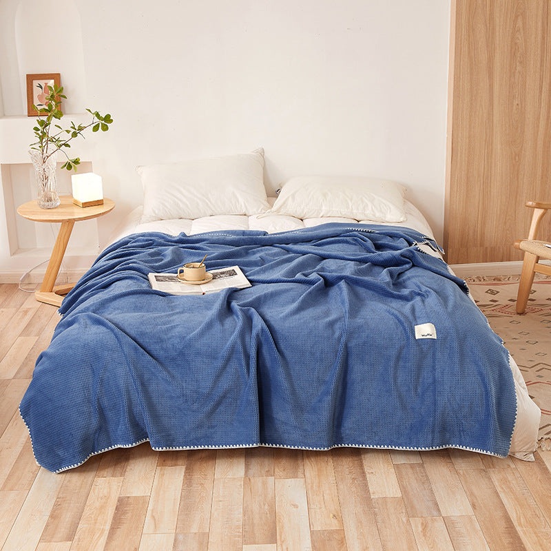 200*230CM Blue Ultra-Soft Dual-Sided Waffle & Plush Fleece Blanket – Large Cozy Throw for Bed & Sofa