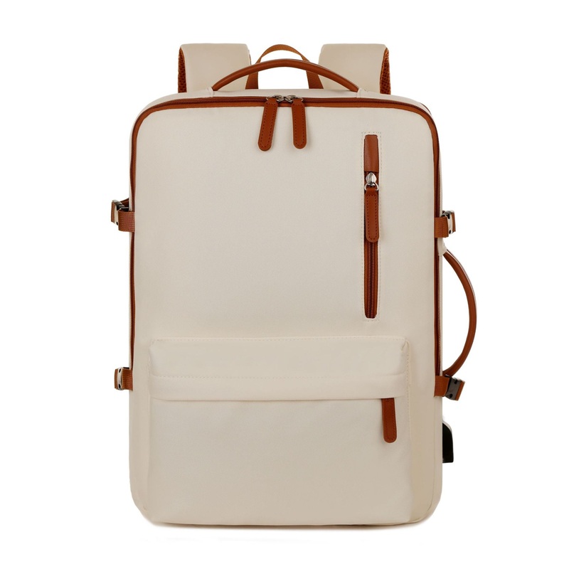 Beige Expandable Laptop Backpack with USB Port – Stylish Travel & Business Daypack