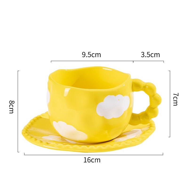 Hand-Painted Ceramic Coffee Mug and Saucer Set – Whimsical Afternoon Tea Cup with Spoon(White cloud-yellow)