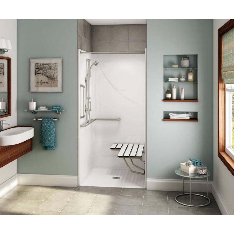 MAAX 106070-000-002-126 OPS-3636-RS – Complete Accessibility Package with Vertical Bar AcrylX Alcove Center Drain One-Piece Shower in White