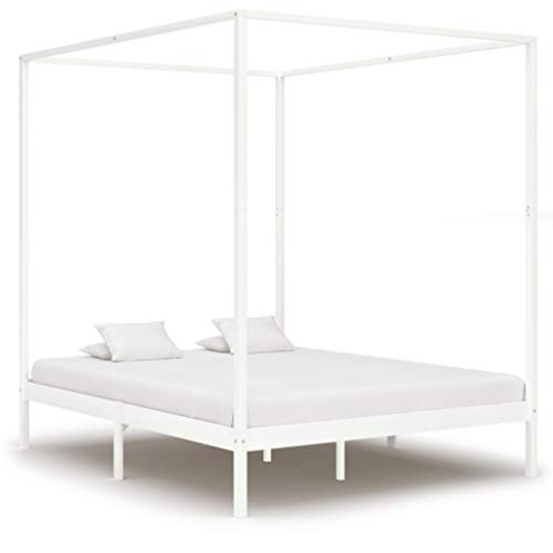 BIGTO – Struttura letto a baldacchino in legno di pino massiccio, per camera da letto, colore: bianco, 160 x 200 cm